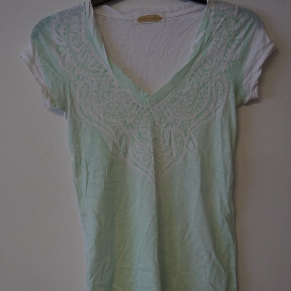 J Crew Green White V-neck Top S Distress